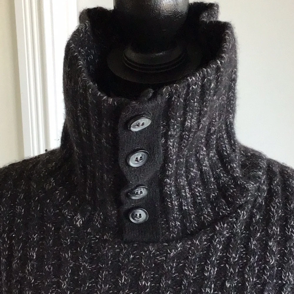 H&M black lambs wool blend button collar turtleneck long sleeve knit sweater M - Picture 4 of 13